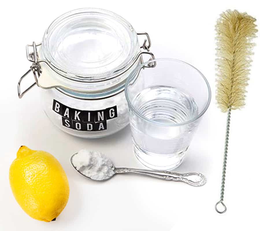 Cleaning items for Hookah - lemon, brush, water, baking soda