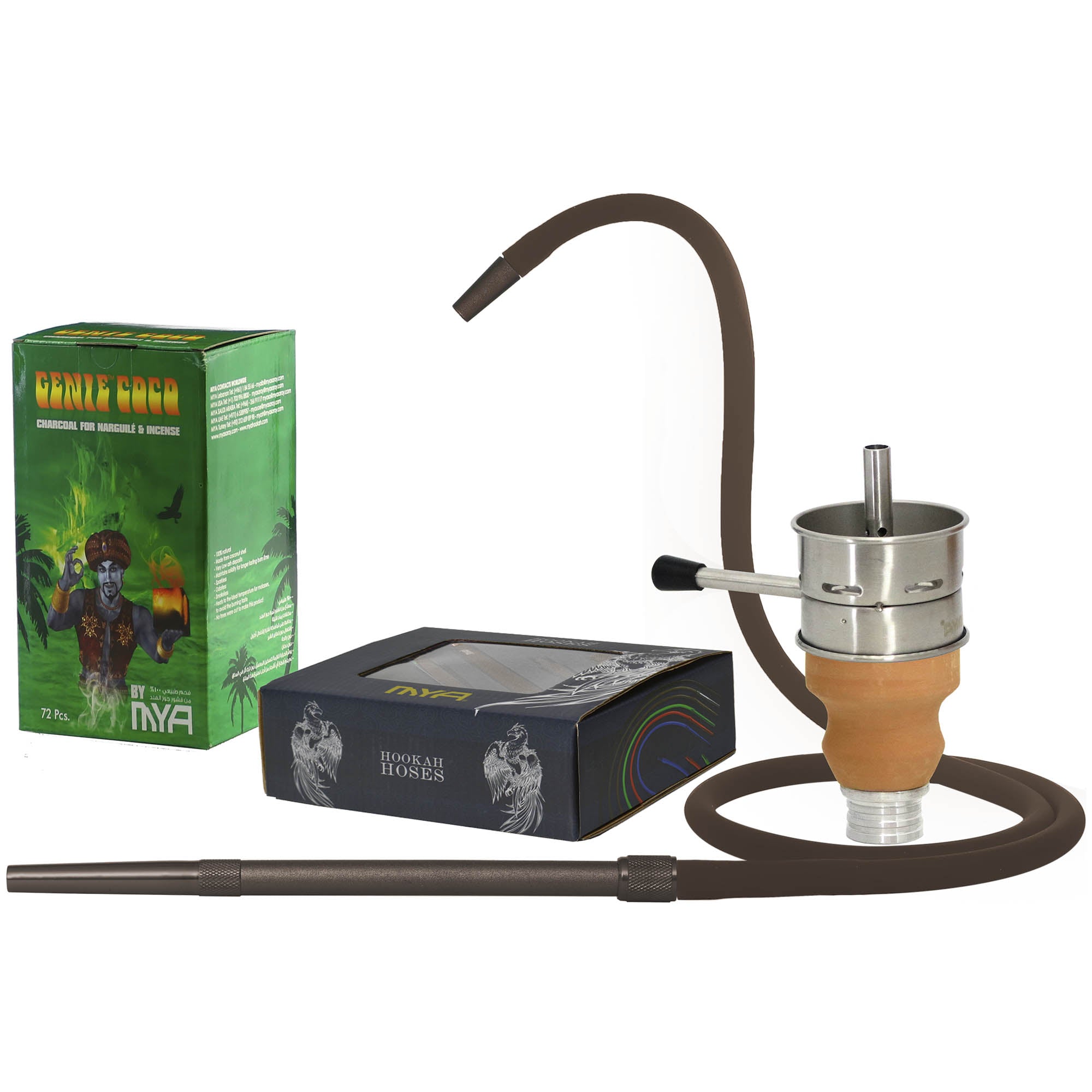 Accessories set includes Green Genie Coco 72 pieces charcoal, brown 668 hose and a Fornello +980L Set #Color_Brown