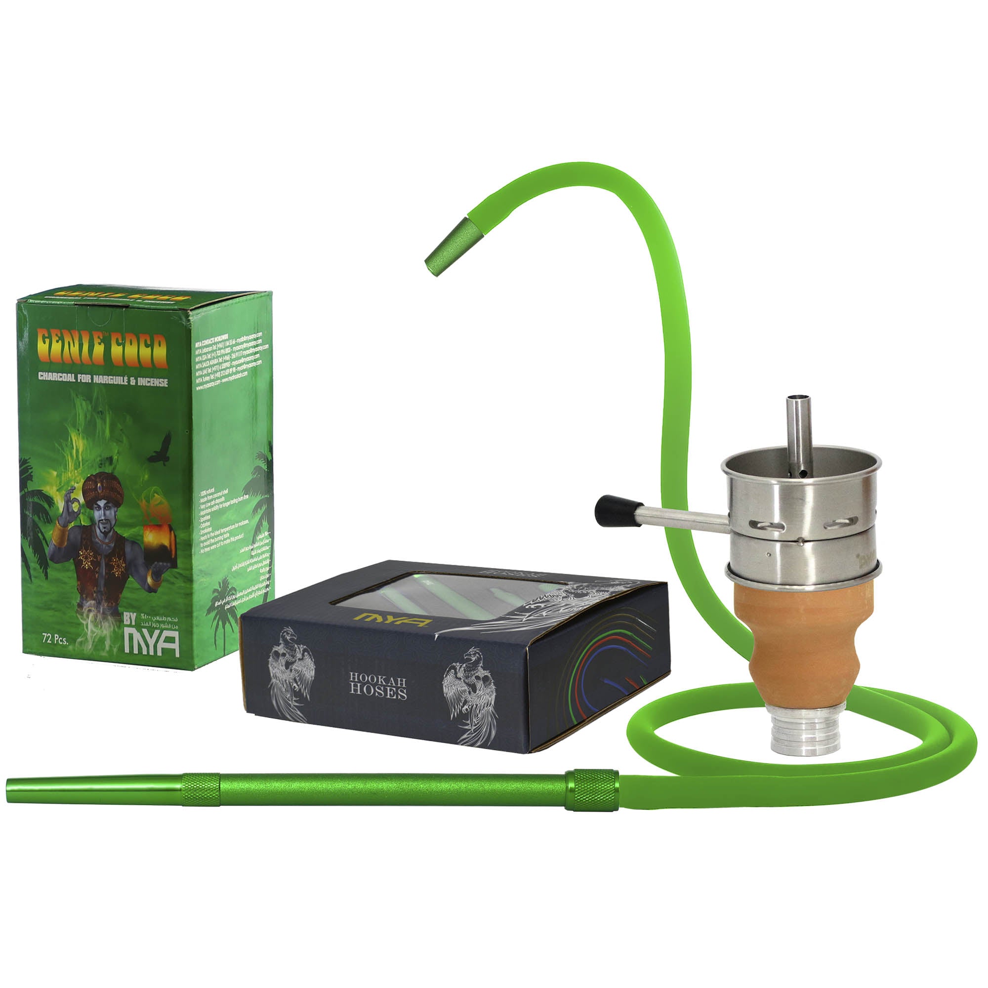 Accessories set includes Green Genie Coco 72 pieces charcoal, Green 668 hose and a Fornello +980L Set #Color_Green