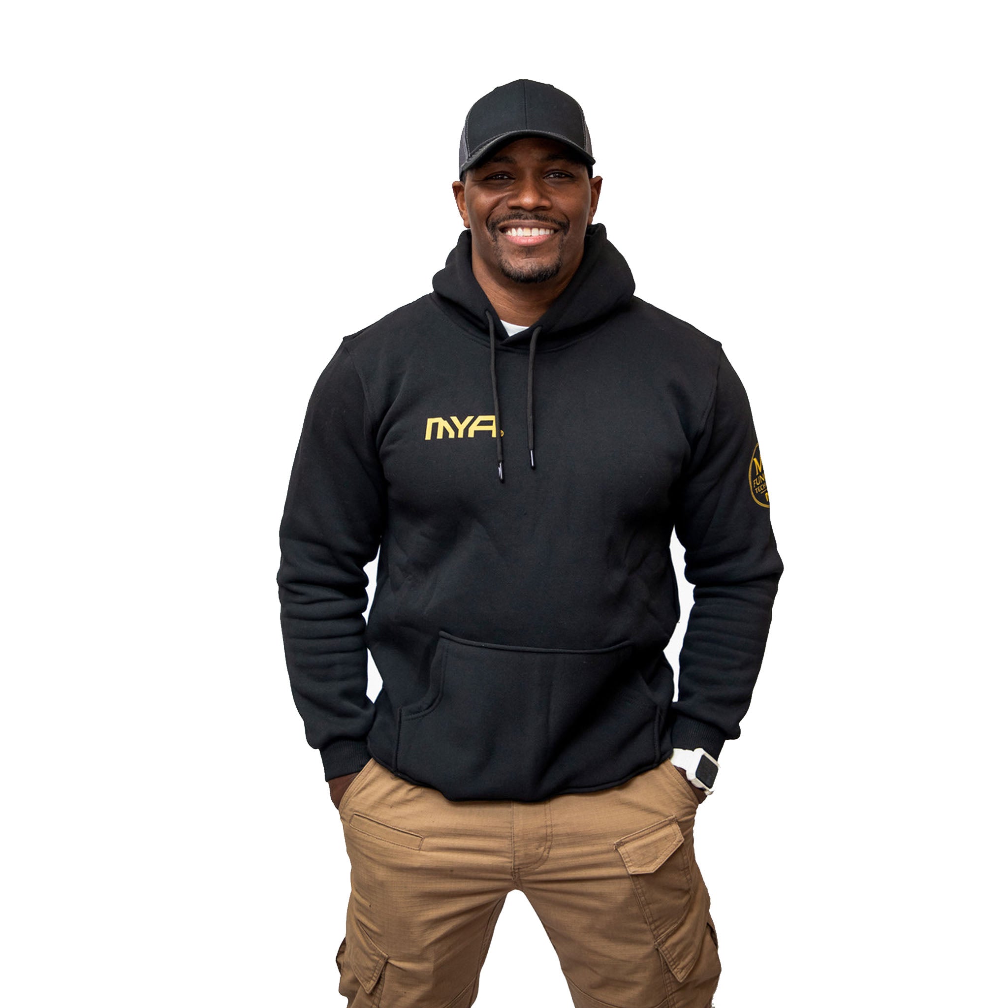 Black Hoodie Sweatshirt with MYA Gold Logo (Front)